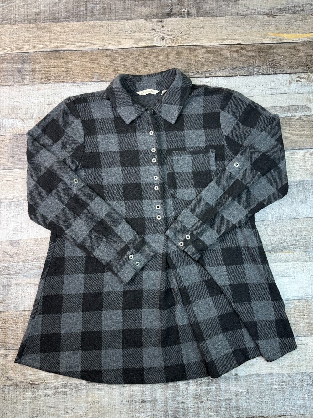 Soft Surroundings Tunic S Petite Mad About Plaid Gray Black Flannel Womens 3CB29